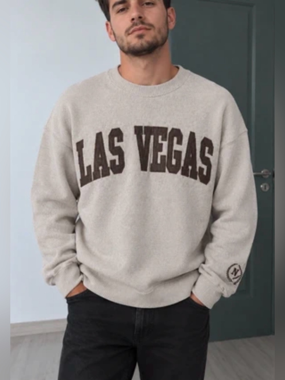 Men's Las Vegas Crewneck Sweater - Light Gray with Dark Brown Print size L